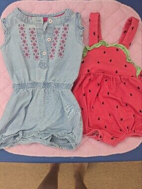 Baby Girls Pink Watermelon Romper - GoodLad Denim Romper - Carter's 9 Months.